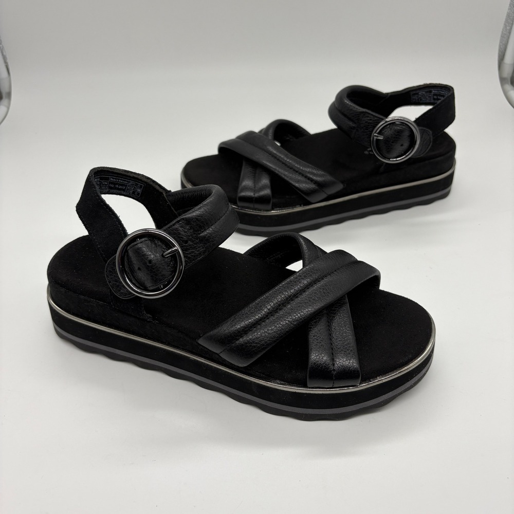 Vionic Reyna Black Leather Platform Sandals Size 6.5 Comfort Buckle Strap